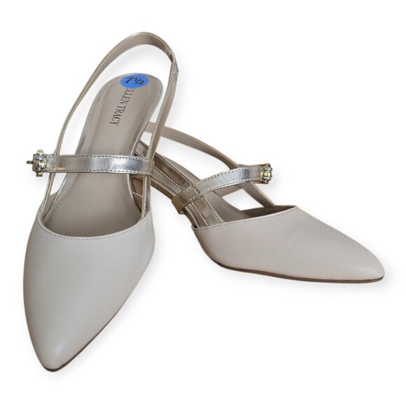 Ellen Tracy Bailey Beige Gold Slingback Kitten Heel Pump 7.5 - Picture 2 of 11